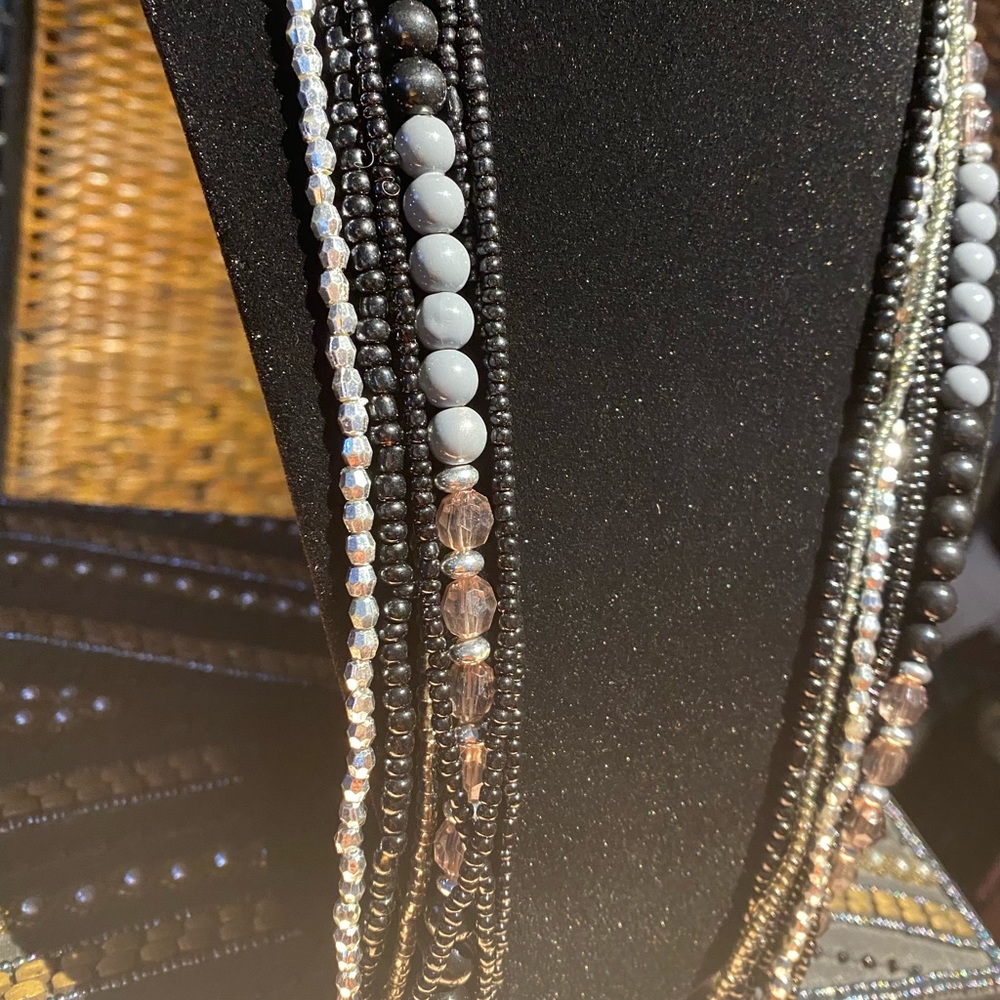 7 Layered Black, Silver & Grey Beaded Necklace
